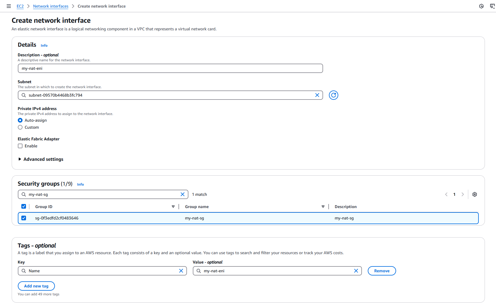 Create elastic network interface