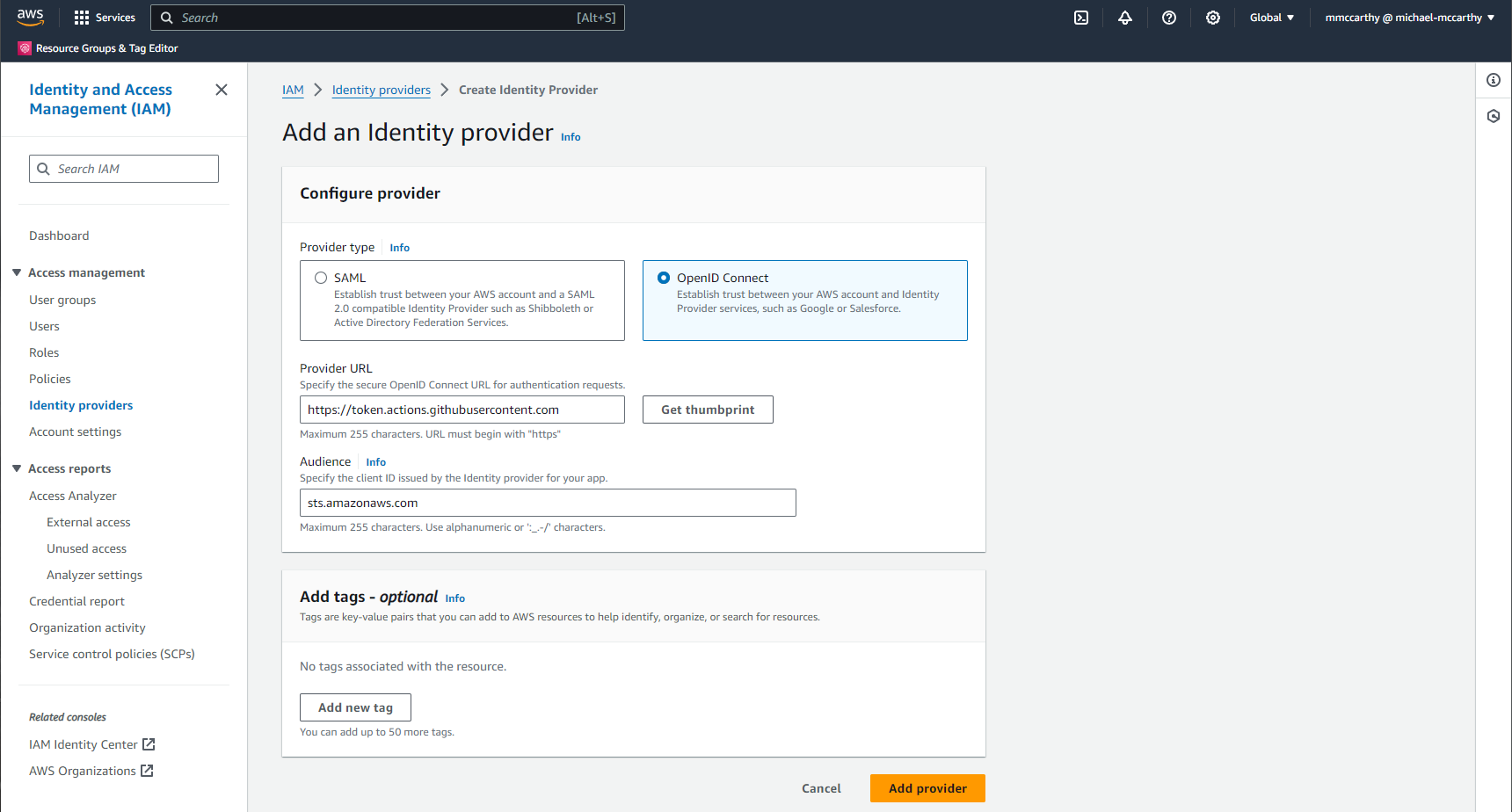 Create GitHub OIDC Identity Provider