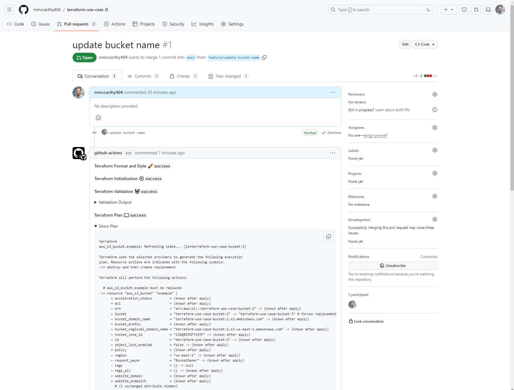 GitHub Action writes Terraform plan to pull request